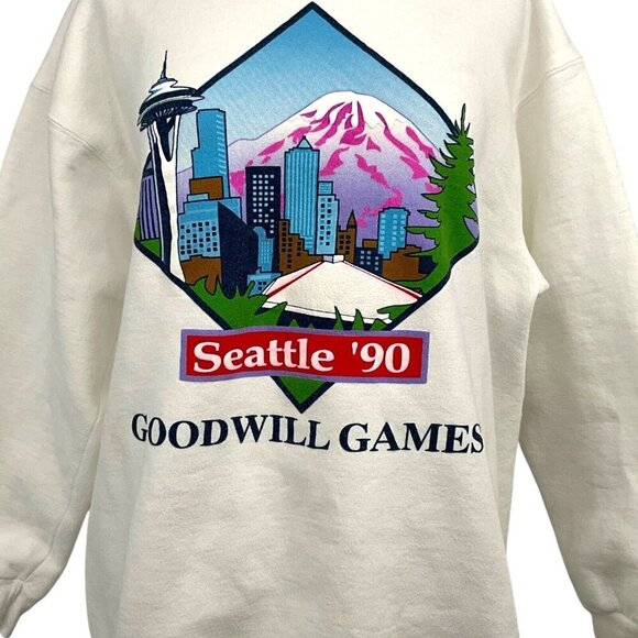 VTG Goodwill Games 1990 Sweatshirt White Pullover Crew Neck Long Sleeve Size L - Picture 2 of 7